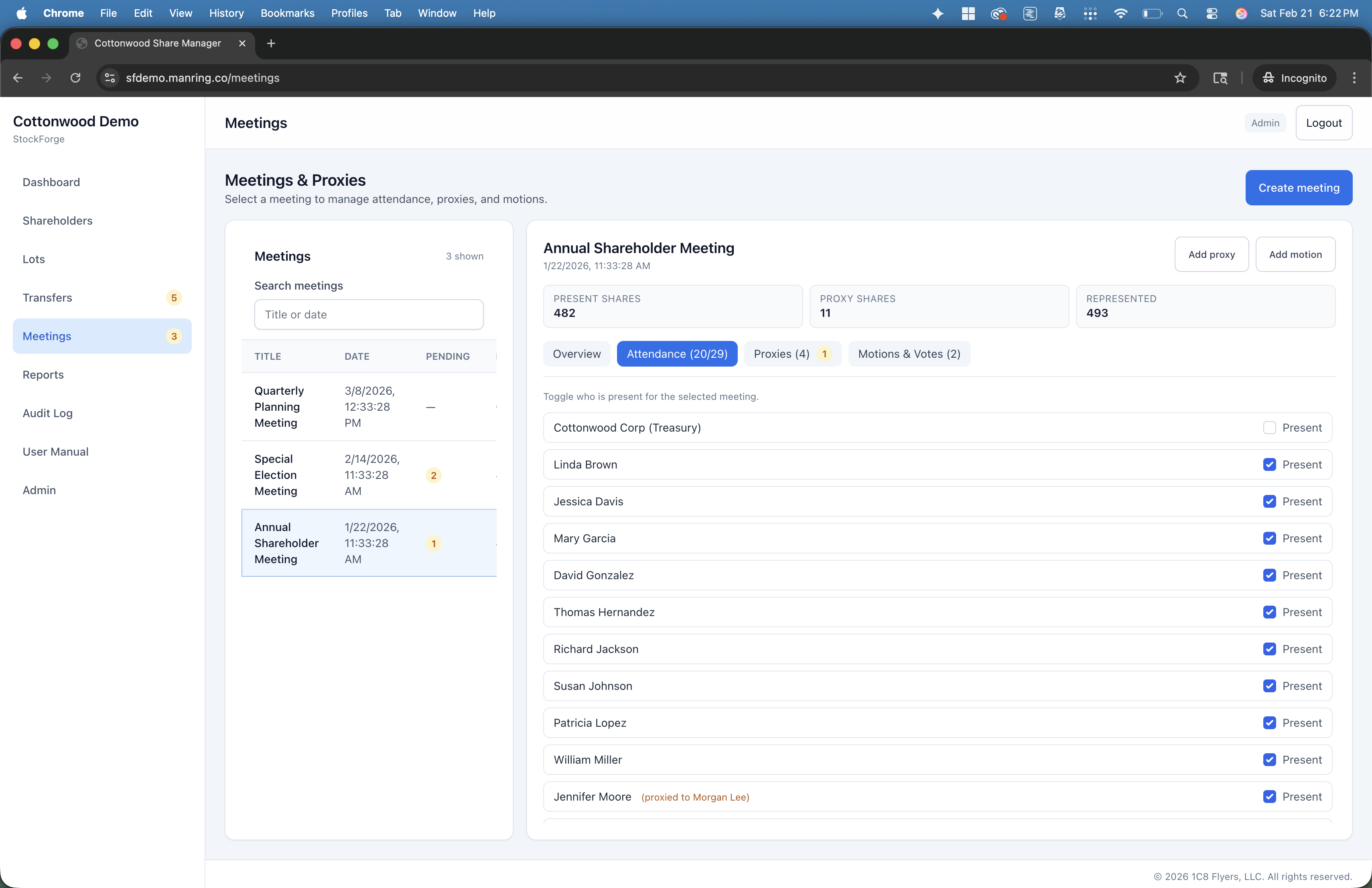Vericapt attendance tab showing shareholders marked present