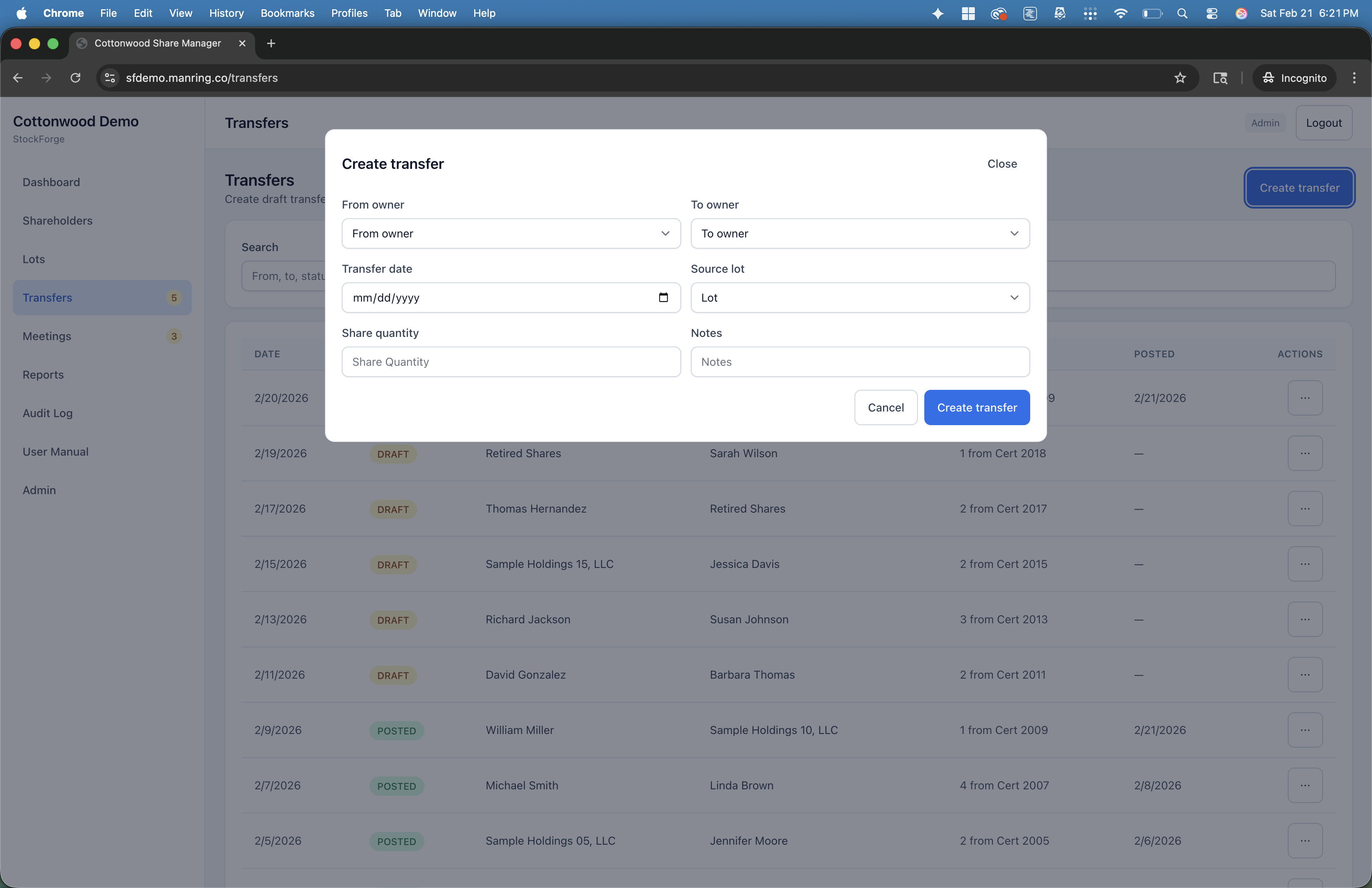 Vericapt create transfer form